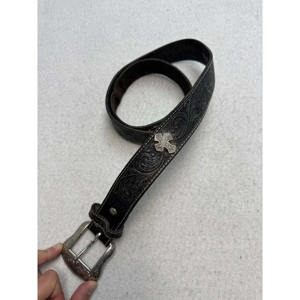 Nocona Belt Mens 36 Black Tooled Leather Cross Concho Western Buckle Cowboy